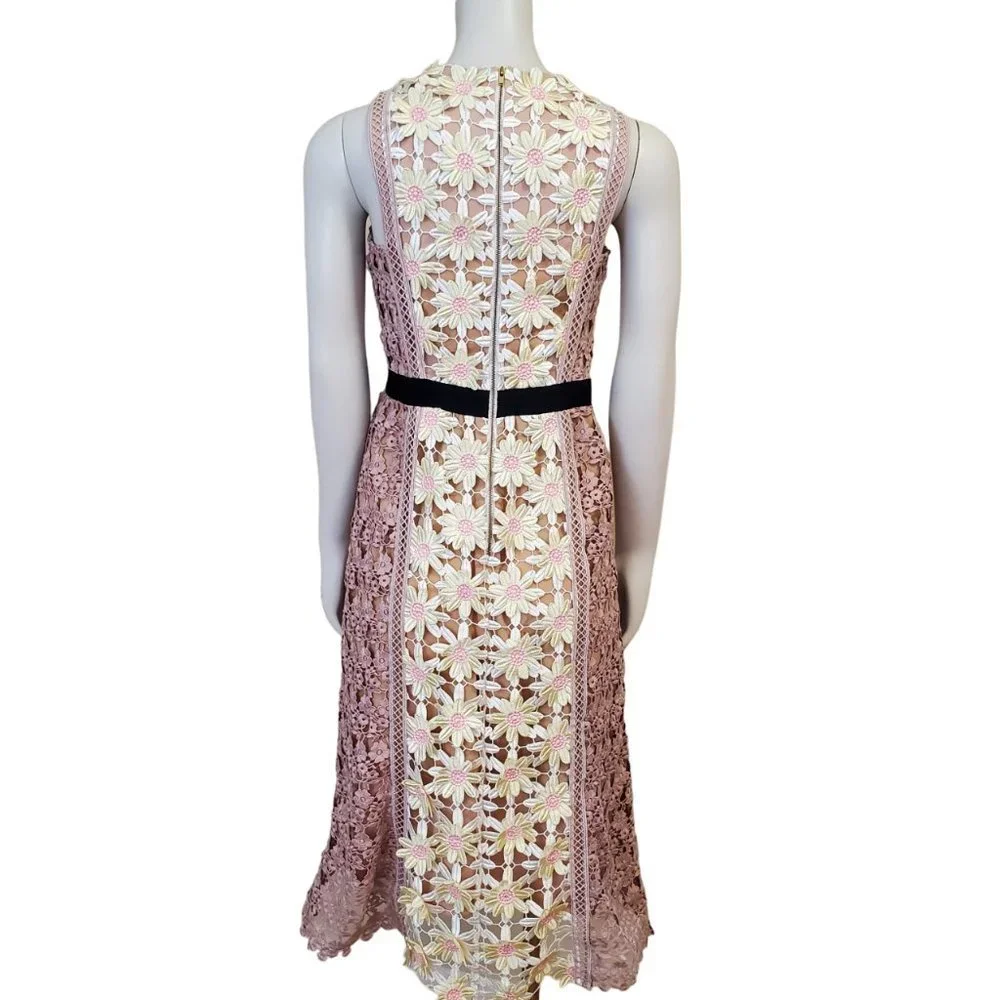 Self Portrait Daisy Floral Applique Lace Nude Illusion Midi Dress Wedding Size 6 - Picture 2 of 13